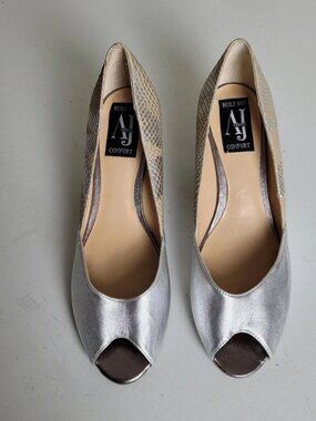 AJ Valenci Silver Snake Peep Toe Heels Size 10 Metallic Leather Wedge Shoes